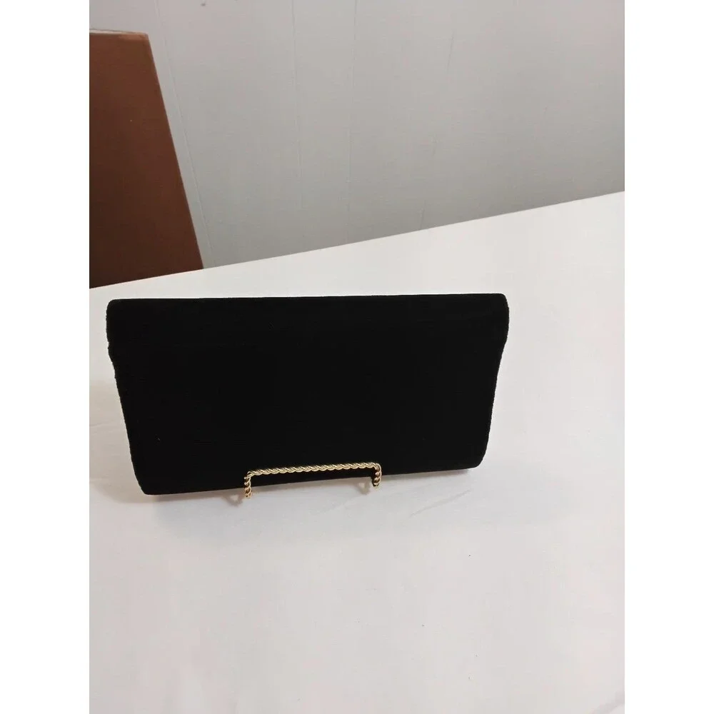 Black Velvet Evening Clutch Purse Satin Trim Corded Strap with Rhinestone trim